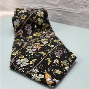 Vintage Nicole Miller Black Tie with Floral and Grape Design 100% Silk Hand Sewn